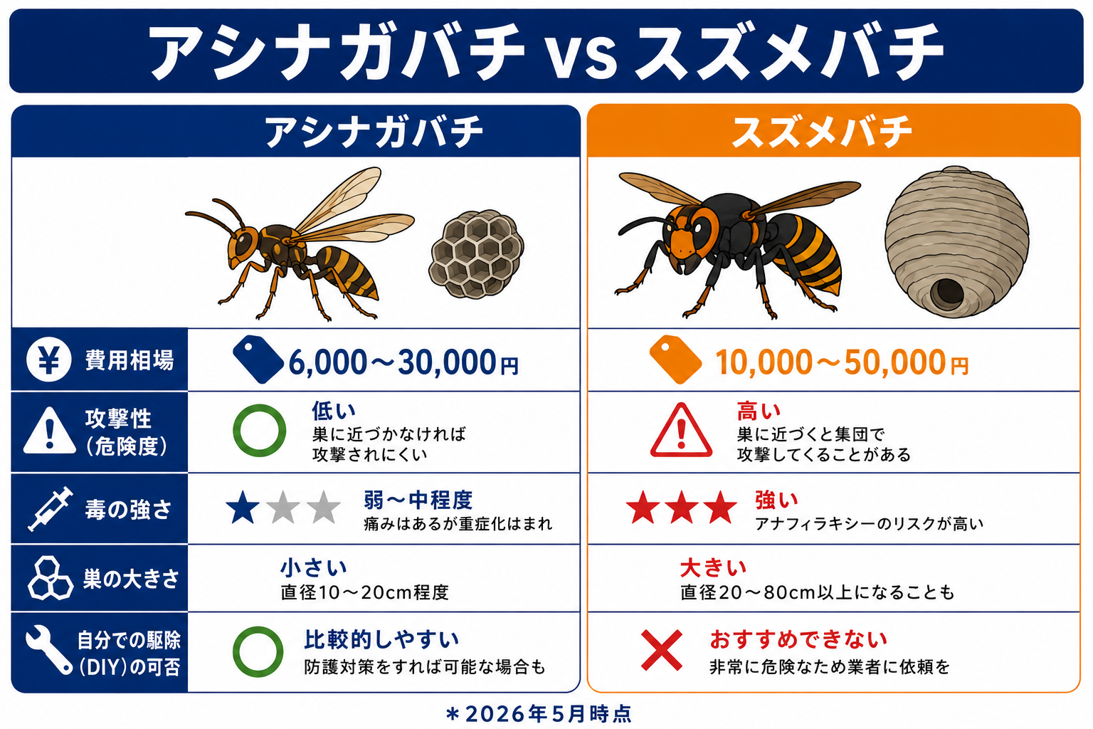 アシナガバチとスズメバチの費用・危険性の比較