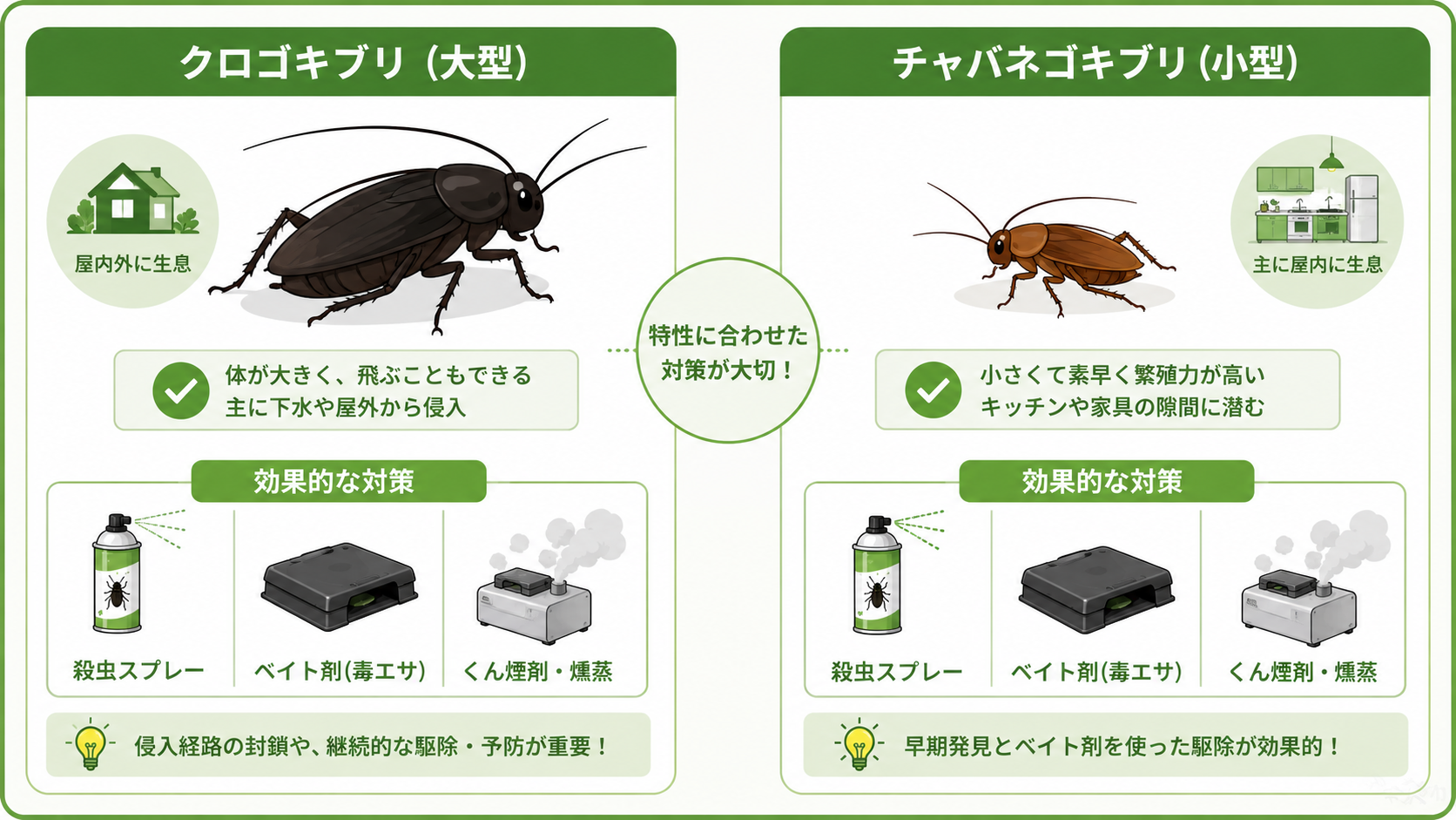 ゴキブリの種類別の対処法の違い