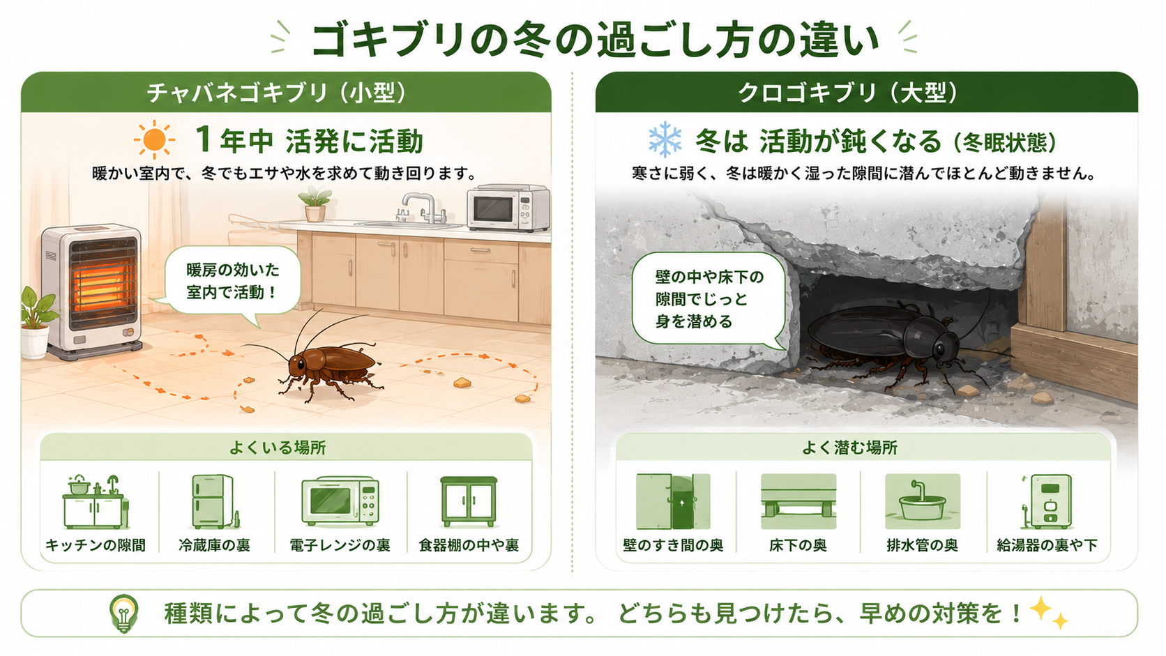 ゴキブリの種類による冬の行動の違い