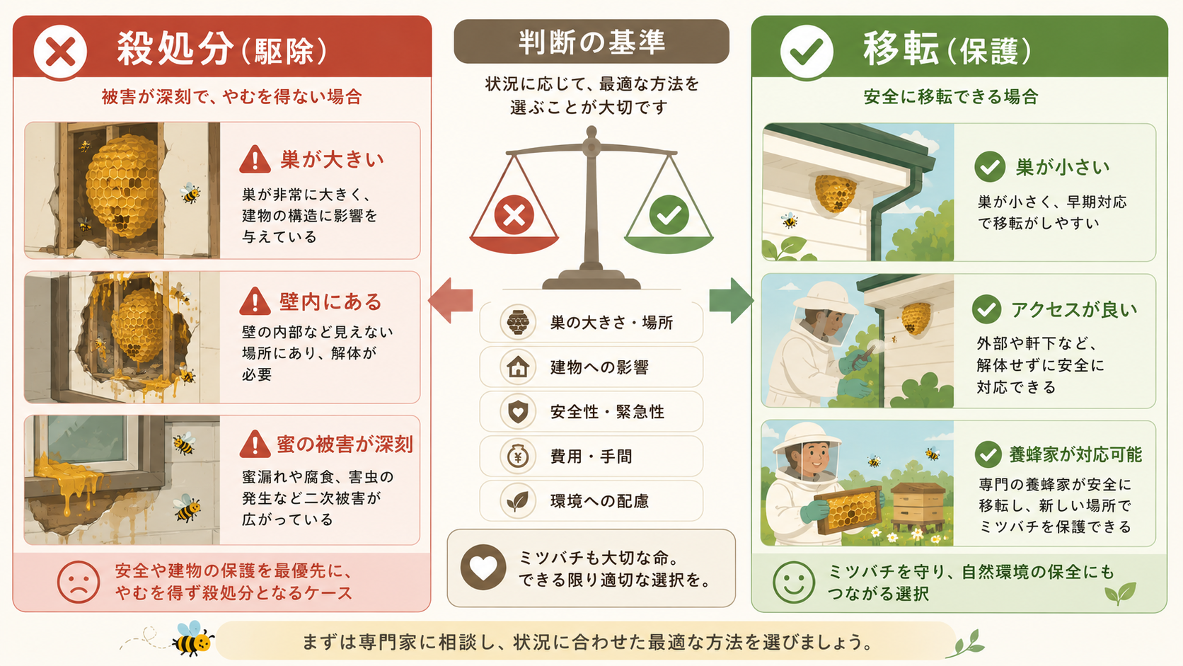 ミツバチを殺処分するか移転させるかの判断基準