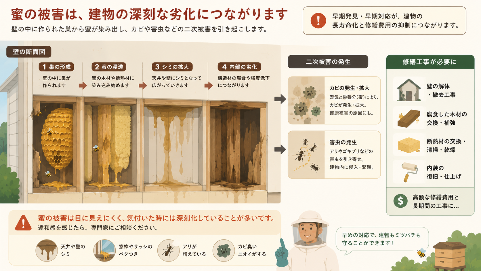 ミツバチの蜜による壁・天井の汚染と修繕費用