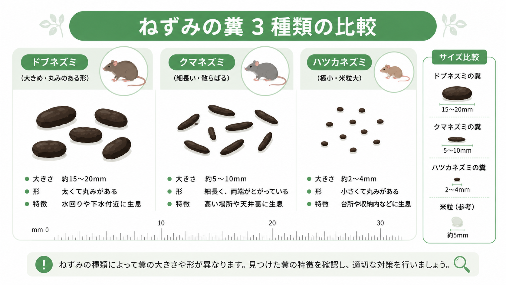 3種類のねずみの糞の比較