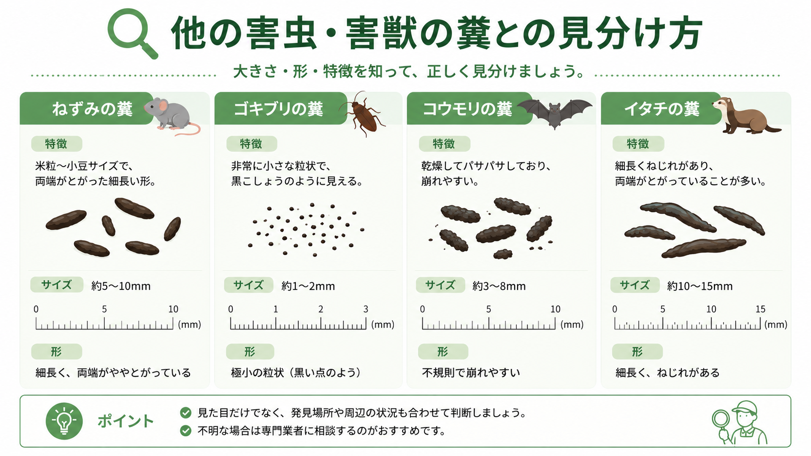 他の害虫・害獣の糞との見分け方