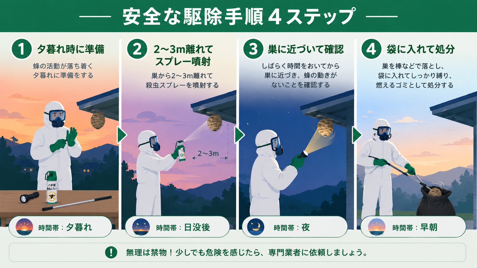 スズメバチを安全に駆除する手順