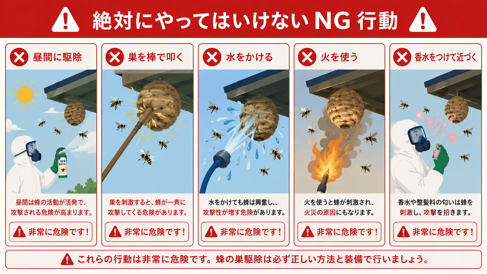 スズメバチ自力駆除で絶対にやってはいけないNG行動