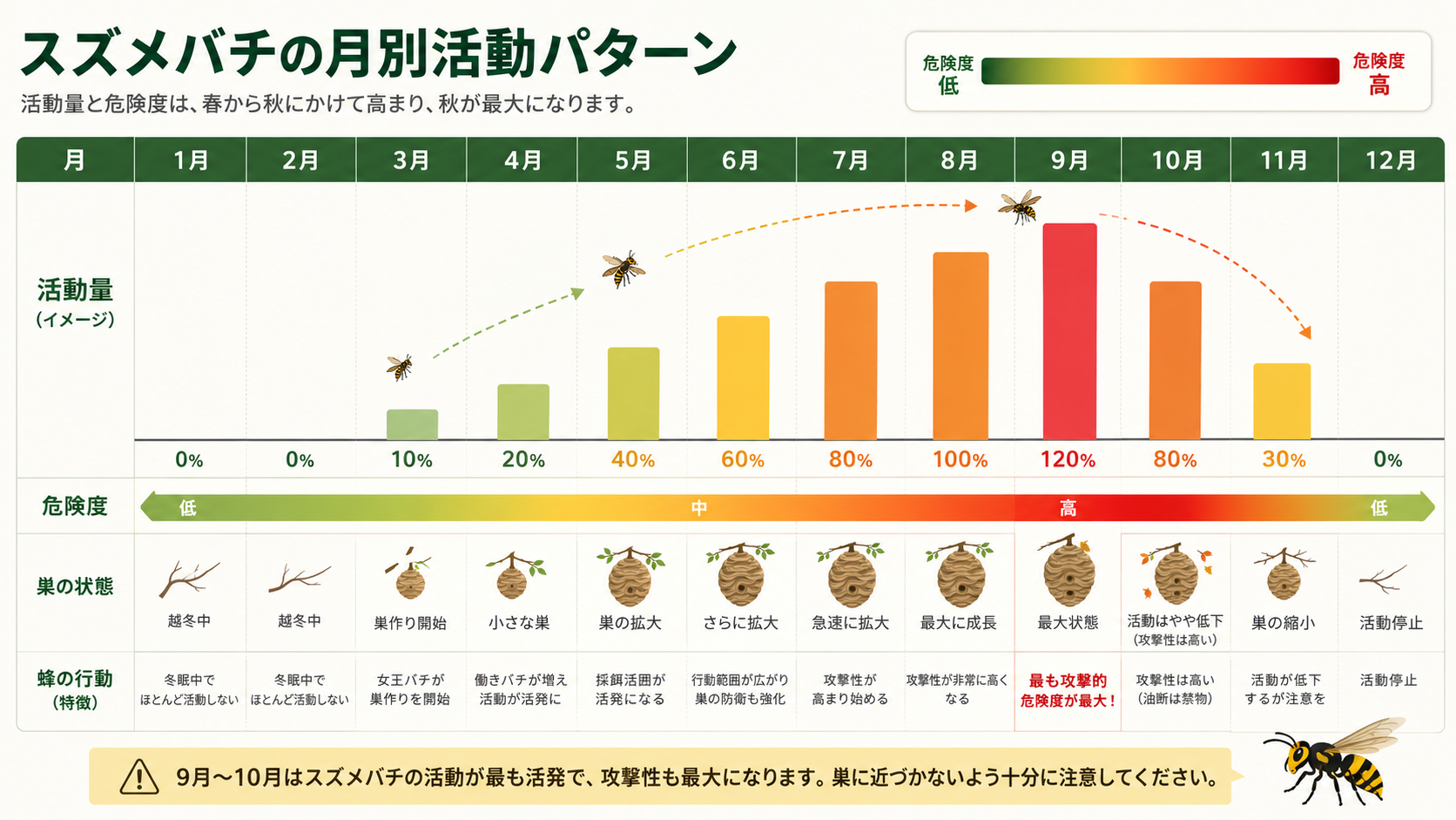 スズメバチの月別活動パターン